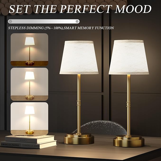 Cordless Table Lamp Rechargeable - Portable LED Desk Lamp for Dining Room,Bedroom,Patio - 2-in-1 Adjustable Height (16"/11") Touch Light - Stepless Dimmable(Warm White) (Antique Brass, 2 Pack)