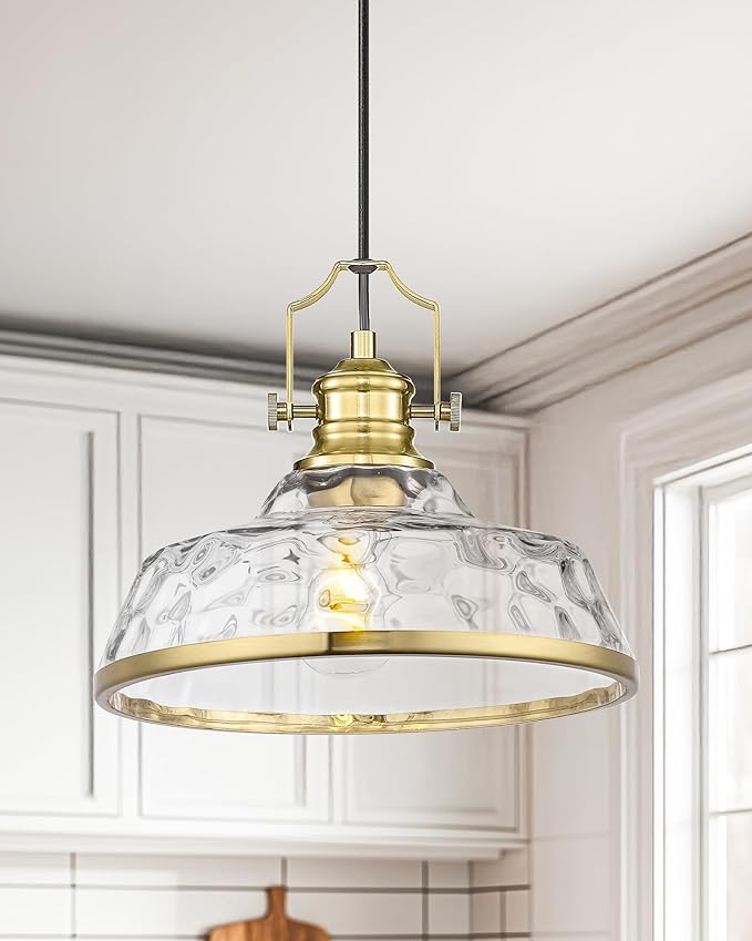 kudos 2 Pack Gold Pendant Lights Kitchen Island, 11" Brass Kitchen Island Lighting with Hammered Glass Shade, Farmhouse Hanging Light Fixture for Kitchen Sink Dining Room Hallways, KDPL13-GD-H-2PK