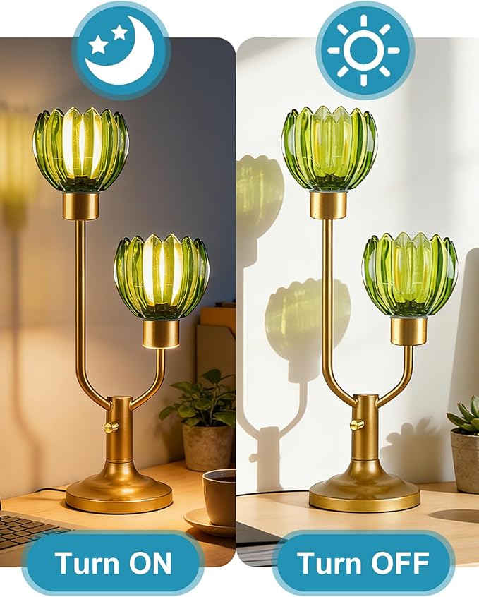 Lightdot Mid Century Modern Glass Table Lamp Gold Dimmable U-Shaped Desk Lamps with Green Glass Shade& 2Pcs 3000K Warmwhite Bulbs Included Bedside Nightstand Lamp for Living Room Bedroom
