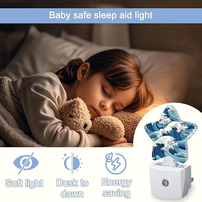 Japanese Sea Waves Nightlight,The Great Wave Star Night Lights Plug into Wall Decorations for Bedroom Bathroom,Dusk to Dawn Sensor Kitchen Hallway Stairs Energy Efficient Desk Lamp