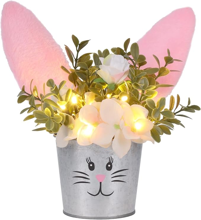 Prsildan Easter Table Decorations Artificial Flower with Bunny Ear, Lighted Desk Decor Bunny Flowers, Easter Tabletop Decorations for Home Table Mantle Office Spring Party