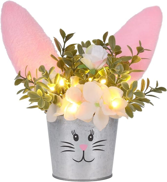 Prsildan Easter Table Decorations Artificial Flower with Bunny Ear, Lighted Desk Decor Bunny Flowers, Easter Tabletop Decorations for Home Table Mantle Office Spring Party