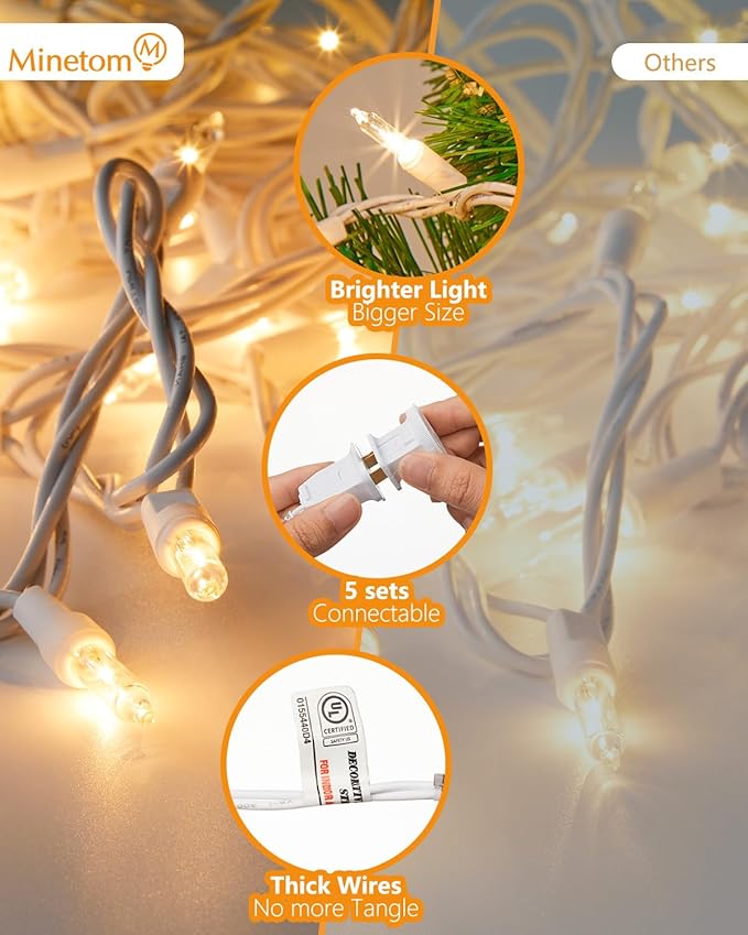 Minetom Clear Christmas Lights Set 100 Count 20 Feet Incandescent Bulb Mini String Lights for Indoor Christmas Tree Garland Birthday Wedding Party Festival Decoration, White Wire