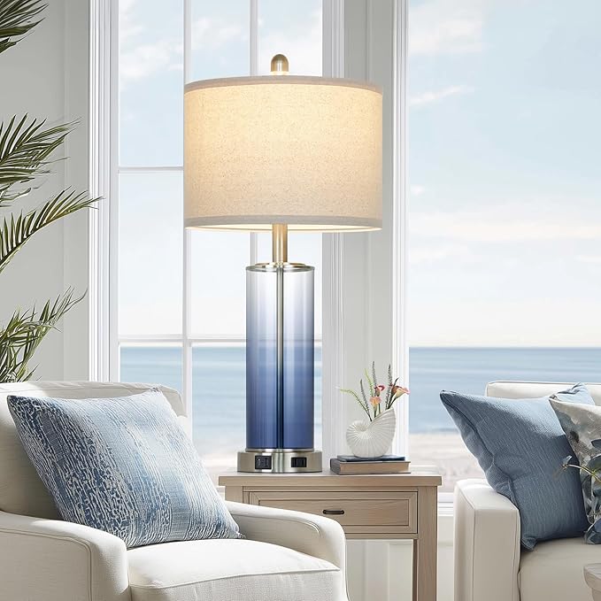 26" Glass Table Lamp Single, 3-Way Dimmable Touch Control Living Room Lamp with USB C+A Ports & AC Outlet, Coastal Bedside Lamps, Bedroom Lamps for Nightstand Side End Table Desk, Blue-1PK