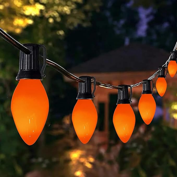 25 Pack C7 LED Halloween Orange Replacement Lights Bulbs, Vintage Orange Ceramic LED Christmas Bulbs for Outdoor Patio String Lights, E12 Candelabra Base, 0.6 Watt Saving Enengy Night Lights Bulbs