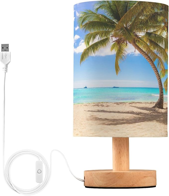 Table Lamp Summer Palm Tree Sunny Ocean Tropical Beach White Sand Nightstand Lamp with Wood Base Fabric Lamp Shade Bedside Desk Lamp for Living Room Bedroom Kids Room Office
