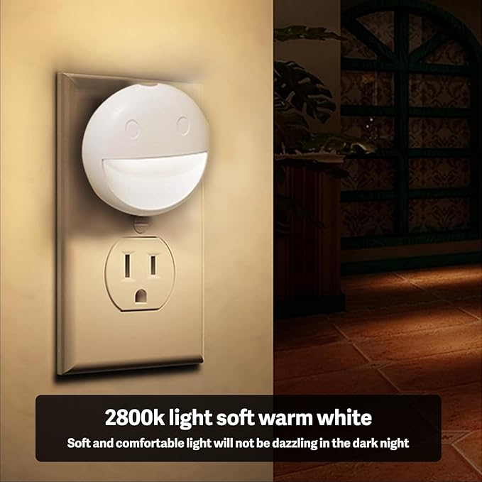 VAVOFO Plug in Night Light with Dusk to Dawn Sensor, 4 Pack Smiley Face LED Night Lights, 4800-5200K Daylight White, Energy Efficient Wall Plug Night Lamp for Bedroom, Hallway, Kids Room