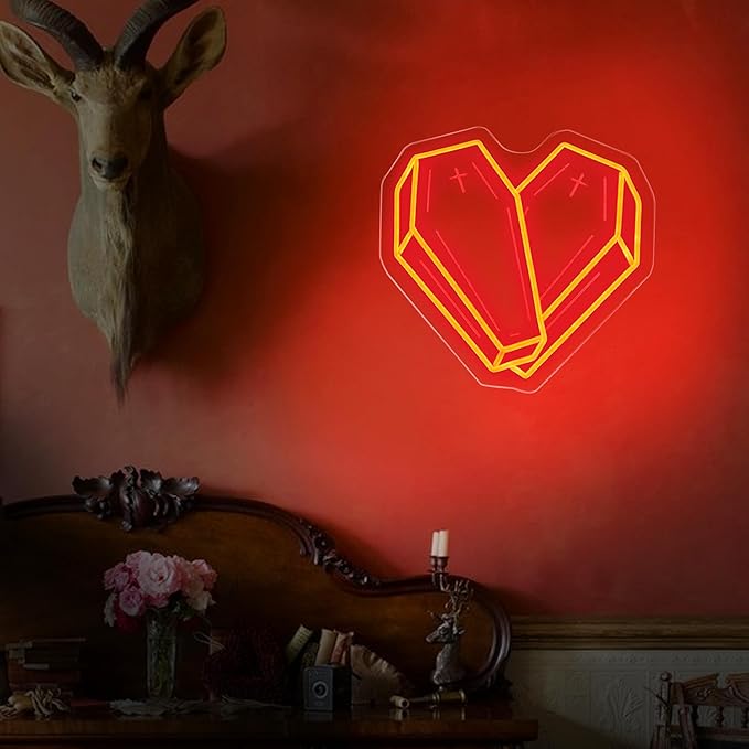 Coffin Heart Neon Sign - Red Gothic Neon Signs for Wall Decor, Ideal for Gallery Walls and Gothic Decor, Great Gift for Goth Lovers 13.5" x 13.5"