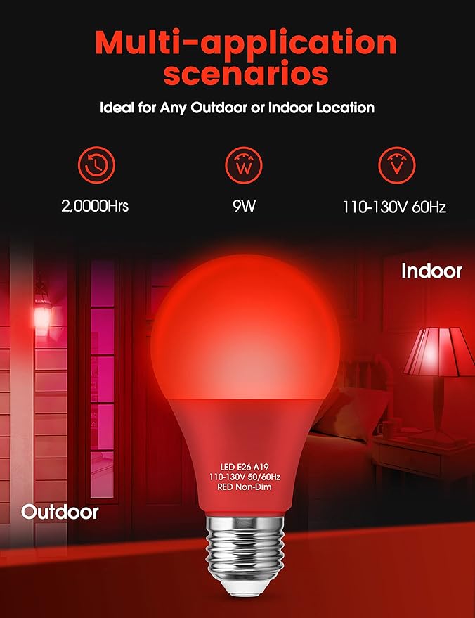 Fulighture Red Light Bulbs [ 4 Pack] Christmas Light Bulbs 9W (60W Equivalent) A19 LED Red Light Bulb Indoor/Outdoor, E26 Base Non-Dimmable,720LM Porch Light for Christmas Day Decorations