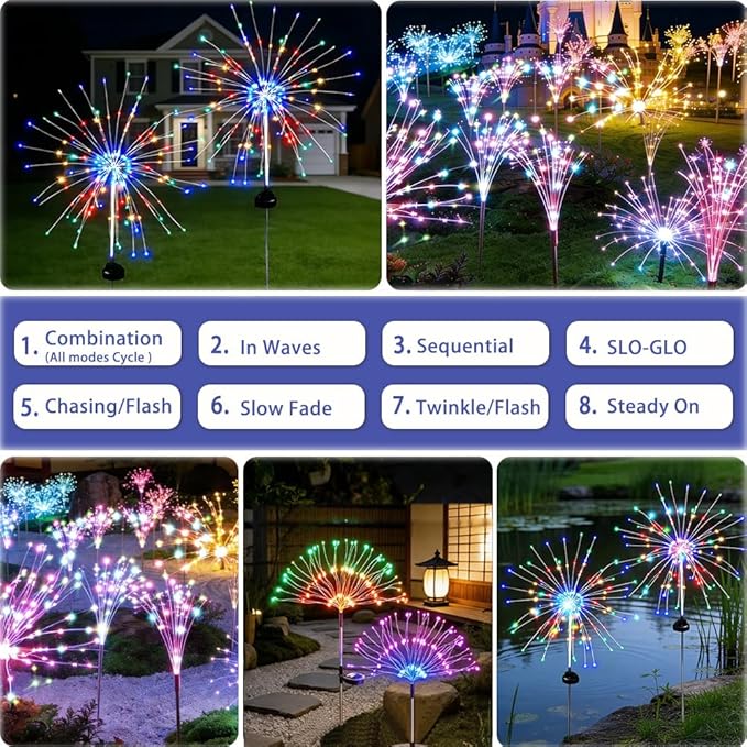 Solar Firework Lights for Outside, 8 Modes RGB Color Changing Fireworks Solar Fairy Light Outdoor for Garden Yard Patio Pathway Wedding Christmas Diwali Easter Party Decor Multicolor(6 Pack)