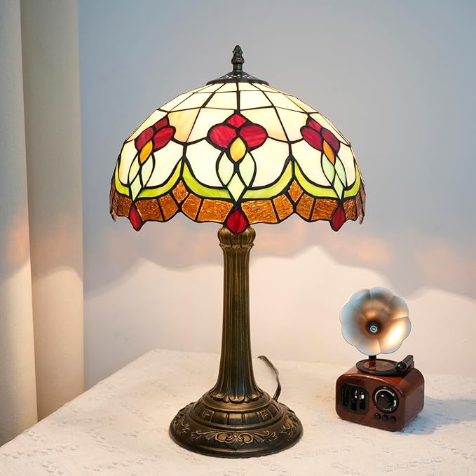 Red Tuilp Tiffany Lamp Stained Glass Table Lamps Antique Vintage Style Bedside Nightstand Nightstand Decor Living Room Bedroom Office Home Retro Bar Hotel 12 Inch Unique Reading Desk Lamps