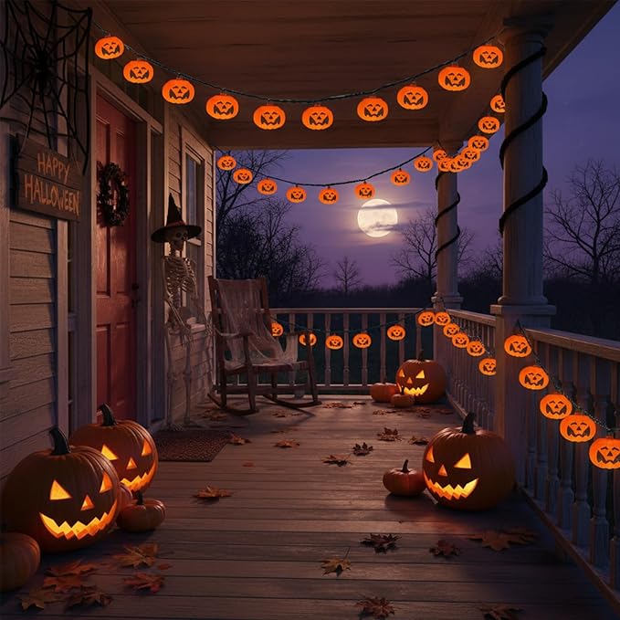 Halloween Pumpkin String Lights Outdoor Indoor, 10FT 12 LED Bat Pumpkin Lights, Waterproof Energy-Saving Halloween Decorations for Porch, Patio, Garden, Party, Trick-or-Treat