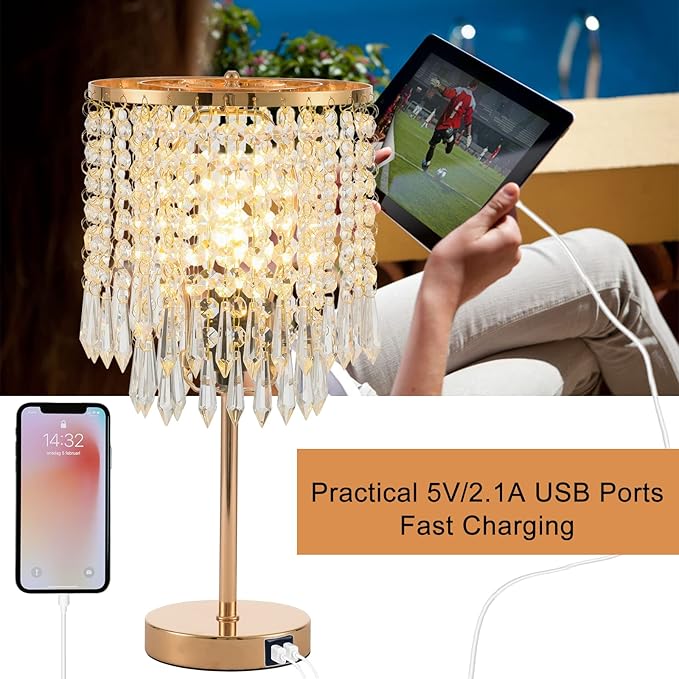 Crystal Table Lamps Set of 2, Gold Lamps for nightstand with 2 USB Charging Ports, 3-Way Touch Dimmable Crystal Desk Lamp, Gold Bedside Lamp with Elegant Shade for Bedroom, Living Room