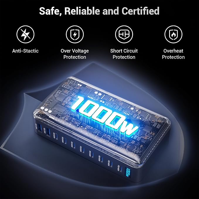 1000W USB C Charging Station, 10-Port USB C Charger Block, PD 140W PD 100W QC 20W GaN Ⅲ Fast USB Charger for MacBook, Ipad, iPhone, Samsung