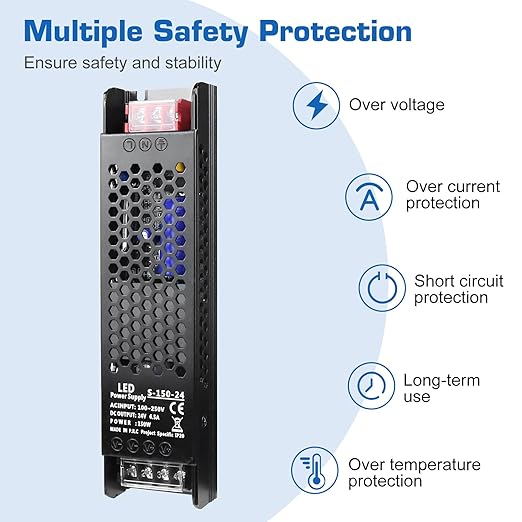 LED Driver 24V 150W 6.5A Slim LED Power Supply, AC 100-250V to 24V DC Adapter, Constant Voltage Transformer for LED Strip Lights, Bulbs, Garden Light, Cabinet Lights