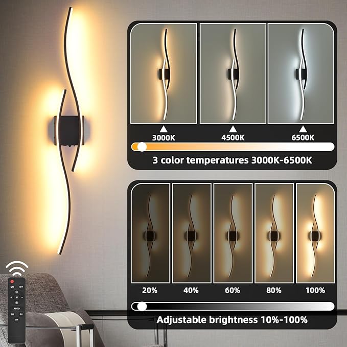 Battery Operated Wall Sconces Set Of Two, 3000K-6500K 39 inch black LED dimmable wireless wall sconce with remote control, USB rechargeable wall lights for Living Room Bedroom Hallway Background