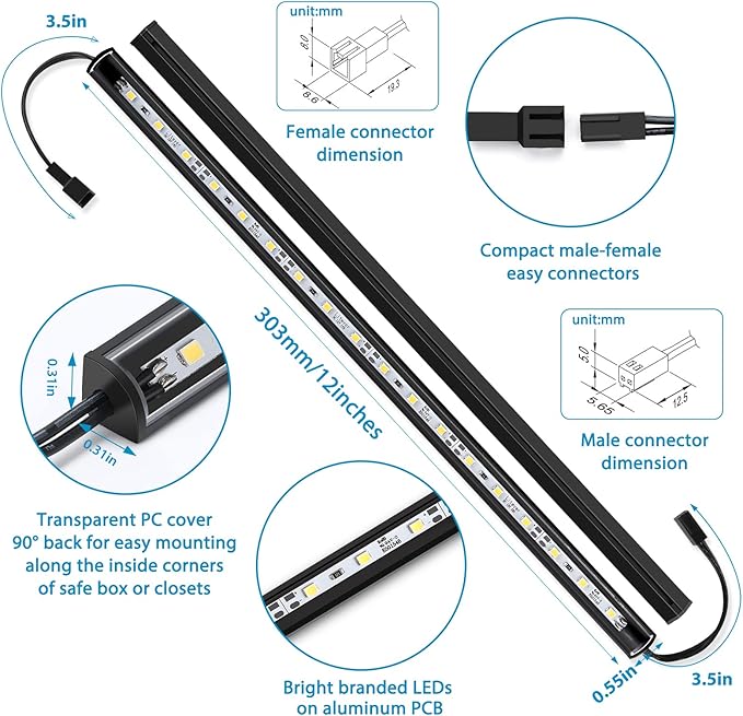 Litever LED Safe Light Kit. Human Motion Sensor Activated. 6 Slim LED Light Bars. Linkable Extendable Plug-in for Gun Safe, Locker, Closet, Showcase, in-Cabinet Under Counter Pantry. Daylight 5000K