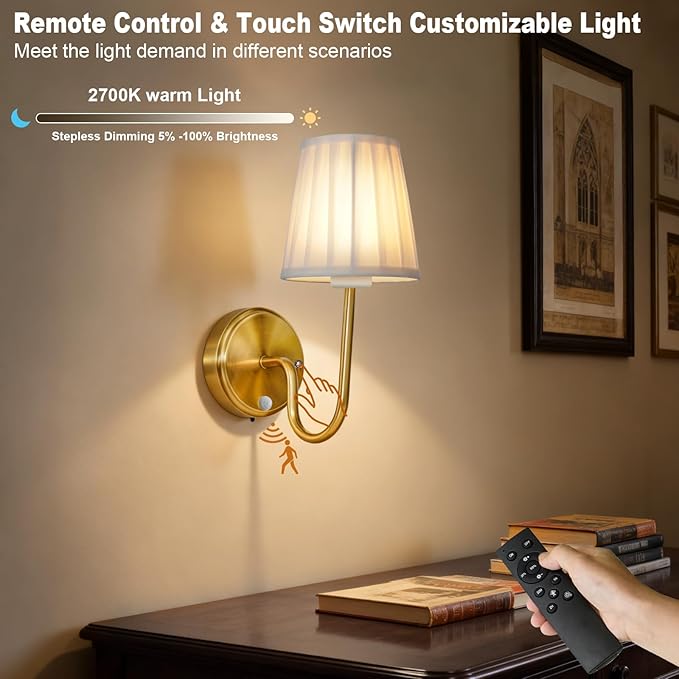 Battery Operated Motion Sensor Wall Sconce, Rechargeable Wireless Gold Wall Lamp with 5200mAh Battery, Dimmable Wall Sconce Light with Switch and Remote for Living Room, Bedroom, Hallway