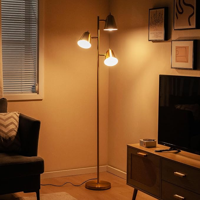 Tangkula 3-Light Floor Lamp, 64" Mid Century Modern 3 Light Tree, Standing Tall Pole Lamp with 3 A19 LED Bulbs and Adjustable Heads, 3 E26 Base, Reading Light for Living Room & Bedroom (Golden)