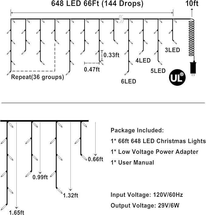 648 LED 66FT Christmas Lights 144 Drops, Outdoor Hanging lights with 8 Modes & Timer, Plug in Curtain String Lights Outdoor Waterproof for Holiday Wedding Party Home Garden Tree Outside Decor (Blue)