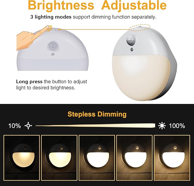 2 Pack Motion Sensor Light Indoor, 2.6" Small Stick on Lights for Stairs, Bathroom, Dimmable Battery Night Light, 3 Light Modes, Soft LED Light for Travel, Toliets, Bedroom, Kids, Warm White