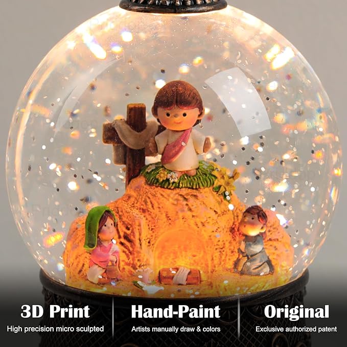 Empty Tomb Easter Scene and Cross Decoration Easter Snow Globe Easter Decorations for Home Music Christian Gifts with 6H Timer USB/Battery Powered 105mm Globe