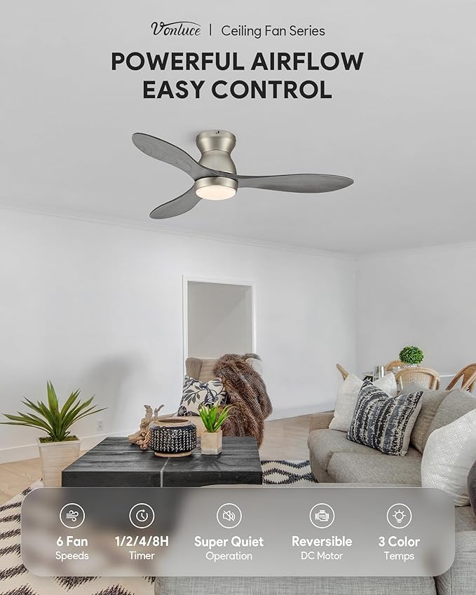 VONLUCE Ceiling Fans with Lights, 42 Inch Ceiling Fan and Remote, 6-Speeds Noiseless Reversible DC Motor, 3CCT, Wood Ceiling Fan for Farmhouse Bedroom Indoor Outdoor, Nickel