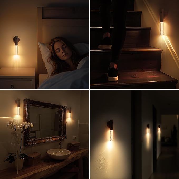 Motion Sensor Night Lights Indoor, Rechargeable Night Lights Wall Sconces Wooden Set of 2, Battery Powered Magnetic Wall Sconces Decor for Bedroom, Hallway, Bathroom, Stairway, Closet（White Ash）