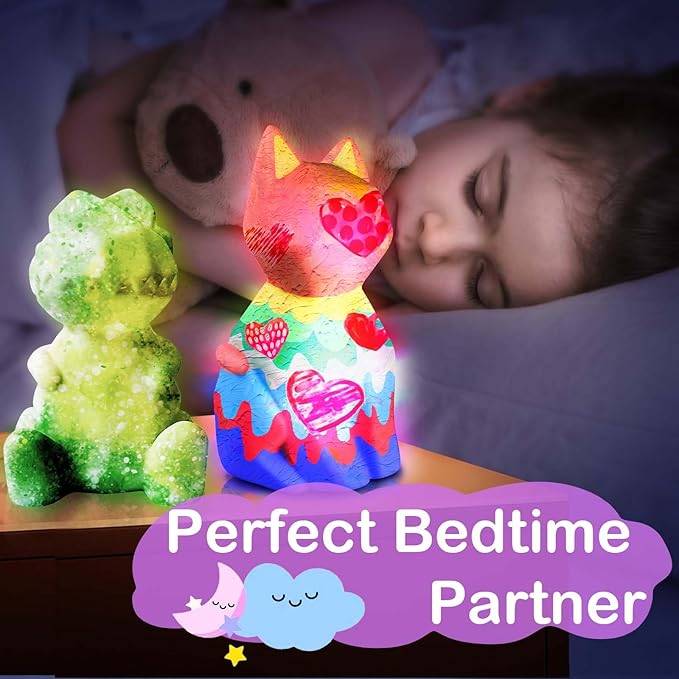 Goody King Paint Your Own Cat & Dinosaur Lamp Art Kit 2pcs, DIY Night Light, Christmas Crafts for Teens, Painting Kit for Girls Boys Age 4 5 6 7 8+, Art Supplies Cat Craft Gift for Birthday, Party