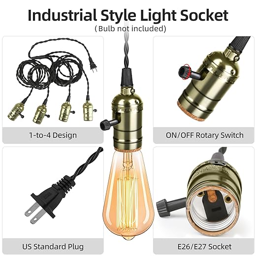 Vintage Plug-in Pendant Light Kit with 1-to-4 Hanging E26/E27 Sockets, Industrial Hanging Light with Individual Rotary Switches, Easy DIY Lighting for Living Room, Patio and Plant Corners, Bronze