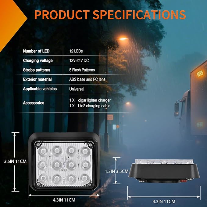 Nilight 12LED Magnetic Wireless Trailer Lights 2PCS Rechargeable Portable Hazard Beacon Warning Light Amber and White Emergency Strobe Light for Trucks Trailers Vehicles Cars Bus Surface Mount