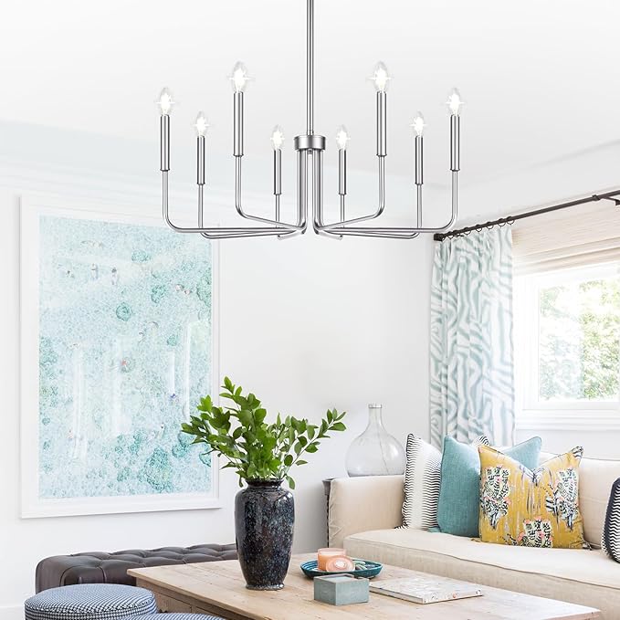 8-Light Farmhouse Chandelier for Dining Room Lighting Fixtures Hanging, Brushed Nickel Dining Light Fixtures Industrial Chandelier for Bedroom, Foyer, Hall, Kitchen, Living Room and Entryway