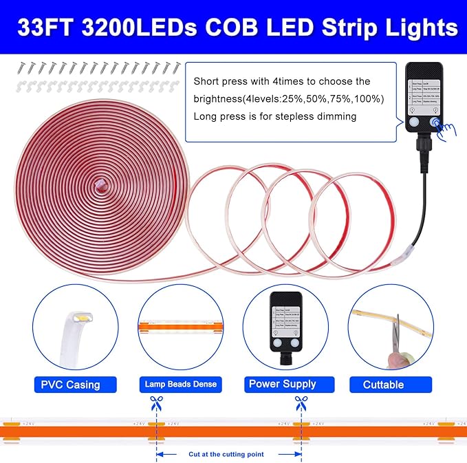 OMIKA Blue 33FT COB LED Strip Lights Outdoor Waterproof, 3200 LED Plug in Strip Light PVC Casing Tape Light Flexible with Self-Adhesive Timer Dimmable for House Garden Camping DIY