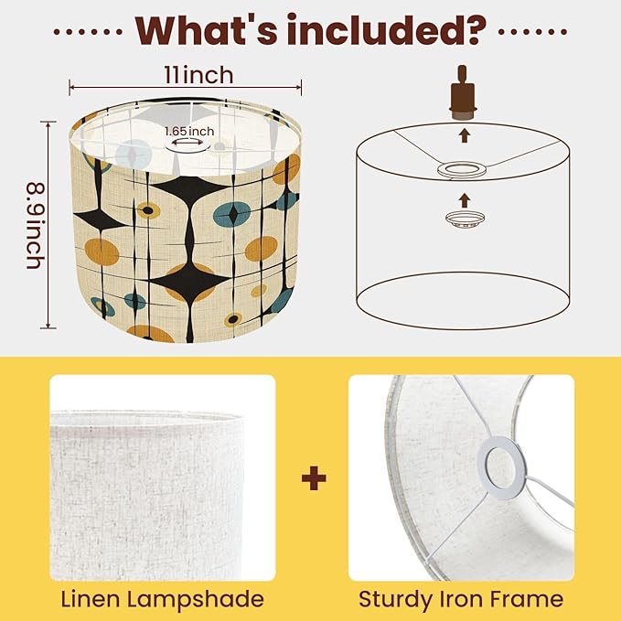 Drum Lamp Shade Mid Century Vintage 1950s Modern Retro Atomic Pattern Circular Motifs Lampshade for Floor Lamps Table Lamps Pendant Light 8.9"x11" Linen Lampshades Replacement Large Lamp Shade
