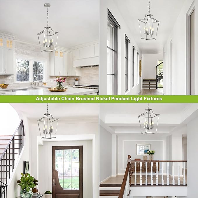 Lantern Pendant Lights, 12" Brushed Nickel Pendant Light Fixtures, 4-Light Adjustable Pendant Lighting for Kitchen Island Dining Room Living Room Foyer Stairway