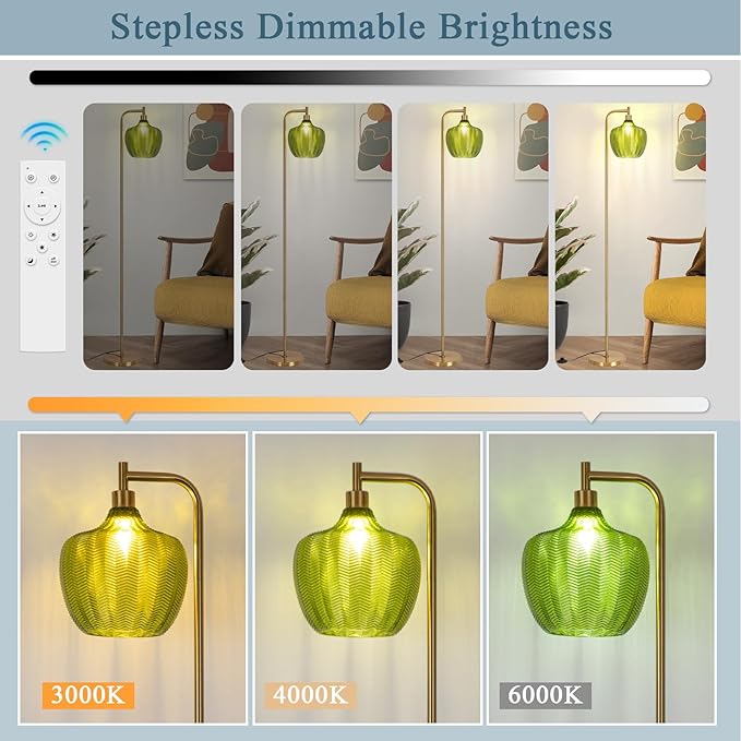 Gold Floor Lamp for Living Room, Modern Standing Lamp with Remote, 3CCT Dimmable Stained Glass Tall Lamp with Green Lampshade, Mid Century Vintage Floor Lamps for Bedroom, Study Room (Green)