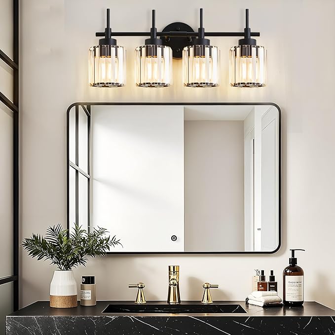 4 Light Round Crystal Vanity Lights, Modern Black Crystal Wall Light Bath Mirror Light Fixture Over Mirror Bathroom Wall Sconces for Bathroom Living Room