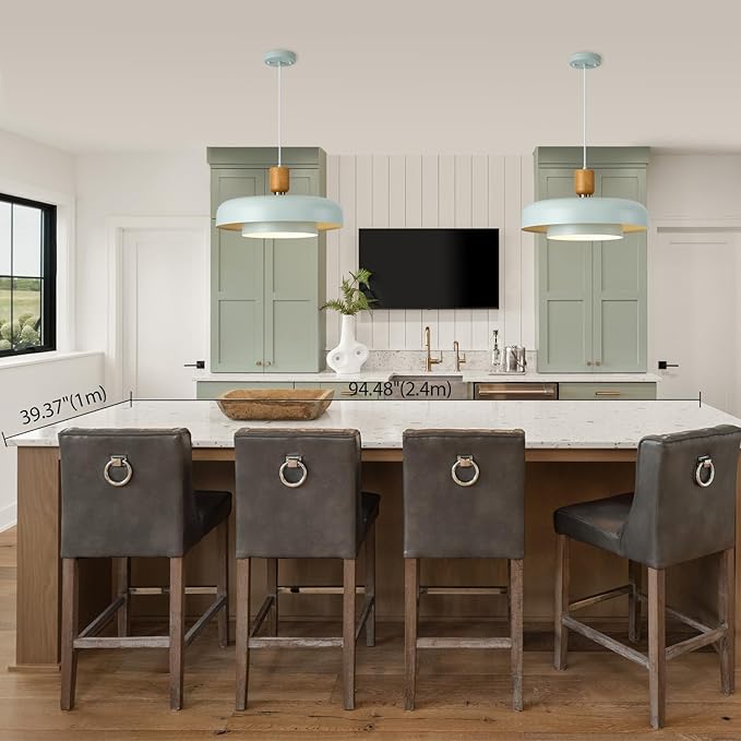 Mid Century Chandelier 19.68 inch, 2 Tiers Light Blue Shade, Natural Wood and Brass Accent,Large Pendant Lights for Kitchen Island, Dining Room, Living Room