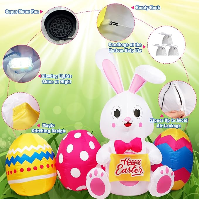 OurWarm 6 FT Easter Inflatables Outdoor Decorations Bunny and 3 Colorful Eggs, Build-in LED Lights Blow Up Yard Decorations for Easter Decor, Home Holiday Party Indoor, Outdoor, Garden, Lawn Decor