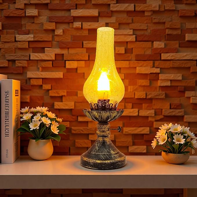 Vintage Table Lamp - 3 Modes Dimmable Retro Rustic Desk Lamp with Crackle Glass Shade, Antique Victorian Style, E26 Bulb Included, Ideal for Bedroom, Living Room, Home Decor (Yellow-Gold)