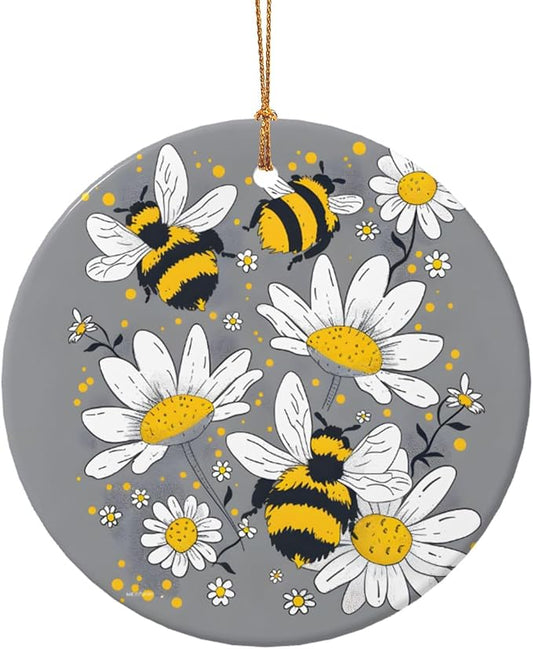 Daisy Flower Floral Bee Christmas Ornaments, Christmas Decorations Xmas Tree Hanging Ornaments, Round Ceramic Festive Keepsake Gift for Xmas Decorations Holiday Home Decor