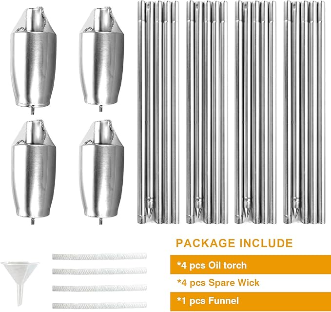 FAB BASED 55 Inch Outdoor Oil Torch Lamp–4 Pieces Rustproof Stainless Steel Citronella Torches, 11.16 oz, Includes Funnel & Fiberglass Wicks for Patio Garden Backyard (Ecru)