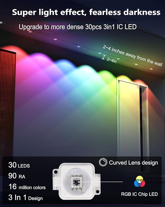 50FT Permanent Outdoor Lights, 108 Scene Modes Smart RGBW+IC Outdoor Christmas Lights with Remote APP Control, IP67 Waterproof LED Eaves Lighting for Halloween Party, Daily, Garden Decor