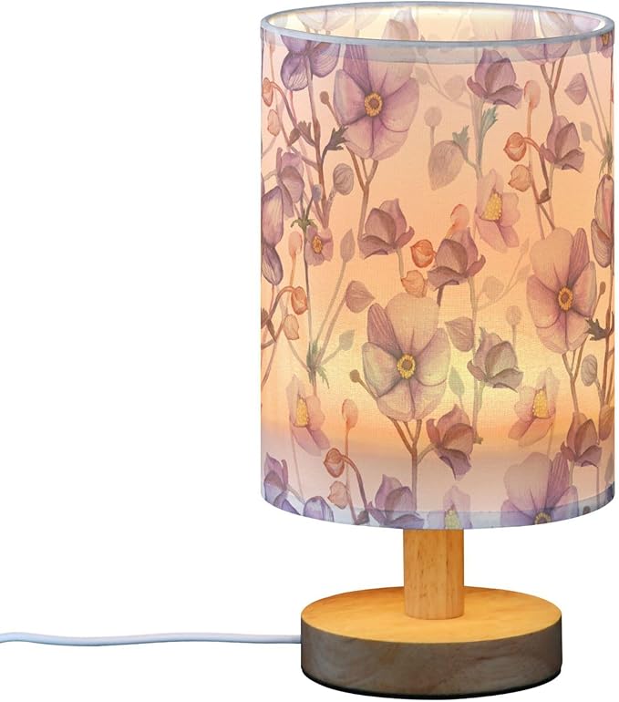 Floral Pattern Elegant Purple Flower Table Lamp with Wood Base Fabric Lamp Shade Bedside Nightstand Desk Lamp for Living Room Bedroom Kids Room Office