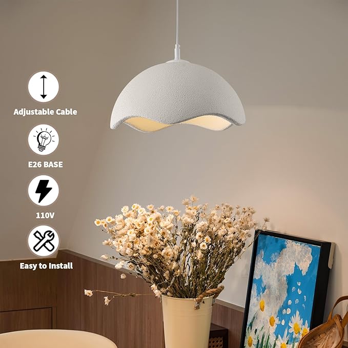 JAYMP 15.7" Modern Pendant Light for Dining Room Kitchen Island Light Hanging Lamp E26 Base Japanese Wabi-Sabi Style Bird Nest Shape Lighting Fixture, 1 Pack (Matte White,D Shape, 40cm/15.7inch)