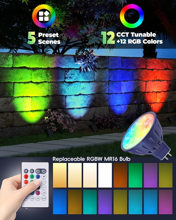 12V RGB Pond Light Underwater, RGB+CCT Tunable 2700K-6500K MR16 LED Bulb with Remote Control, Submersible for Ponds, Waterfalls, Fountains, Well Light, Low Voltage Yard Landscape Lighting