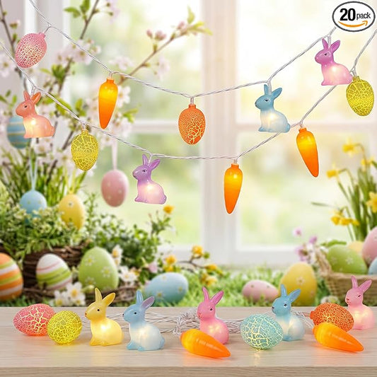 Multicolored Rabbit Cracked Egg and Carrot String Lights, 12FT LED Easter Fairy Light with 20 LED Rabbit Cracked Egg Carrot Lamps, Easter String Lights for Patio Balcony Bedroom Home Easter Decoration