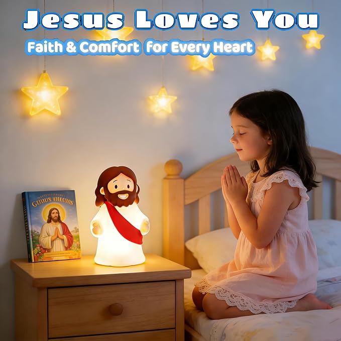 Jesus Night Light Rechargeable Bedside Lamp, Dimmable Silicone LED Religious Gift & Decor, Portable & Cordless for Baptism, Sunday School & Church Gathering Gifts, Christmas and Easter Holiday Gifts