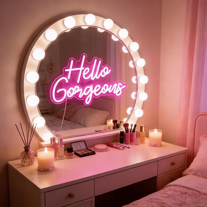 Hello Gorgeous Neon Light for Wall Decor, Pink USB Powered LED Sign with Dimmable Switch, Neon Sign for Home, Wedding, Birthday Backdrop, Party (Pink02)