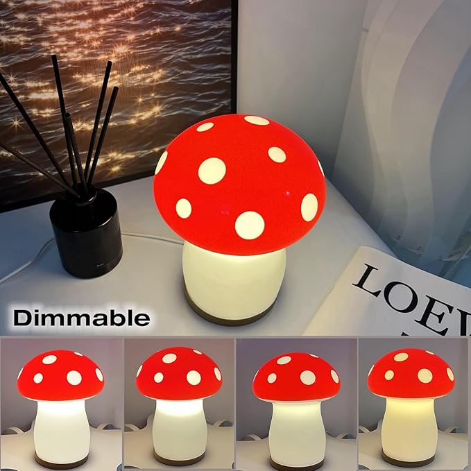 BECCOBEAT Mushroom lamp for Bedroom Night Light Glass Vintage Retro Funky Cute Lamp Small Lamps Bedrooms Bedside Bed Side Table Nightstand Desk Aesthetic Cottagecore 70s Room Decor (RED) (B01)